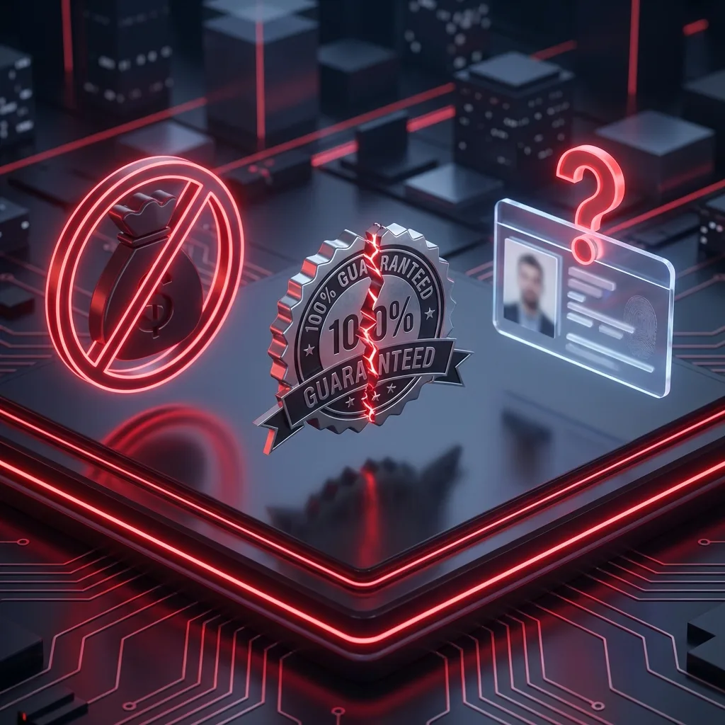 3D visualization of credit repair red flags: Upfront fees, Guaranteed Results, and Fake Identities