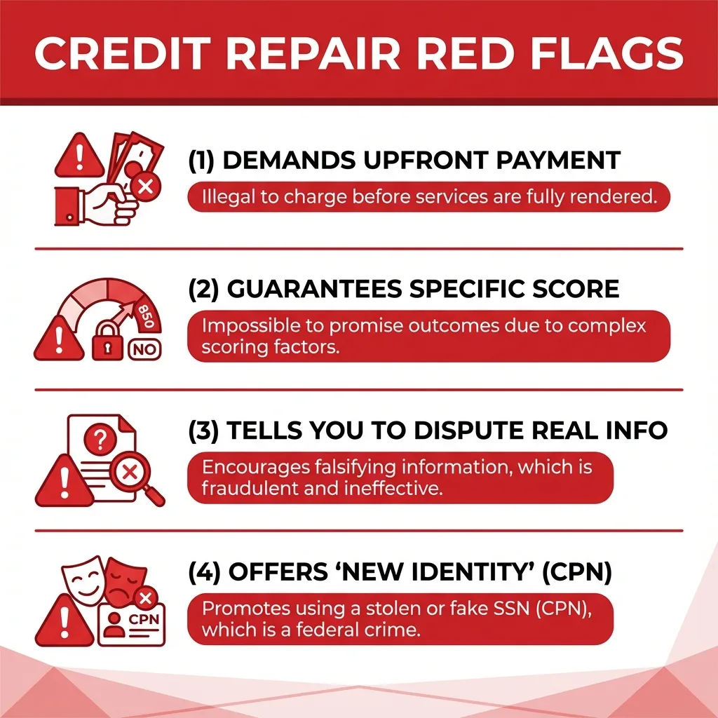 Infographic detailing 4 major red flags of credit repair scams