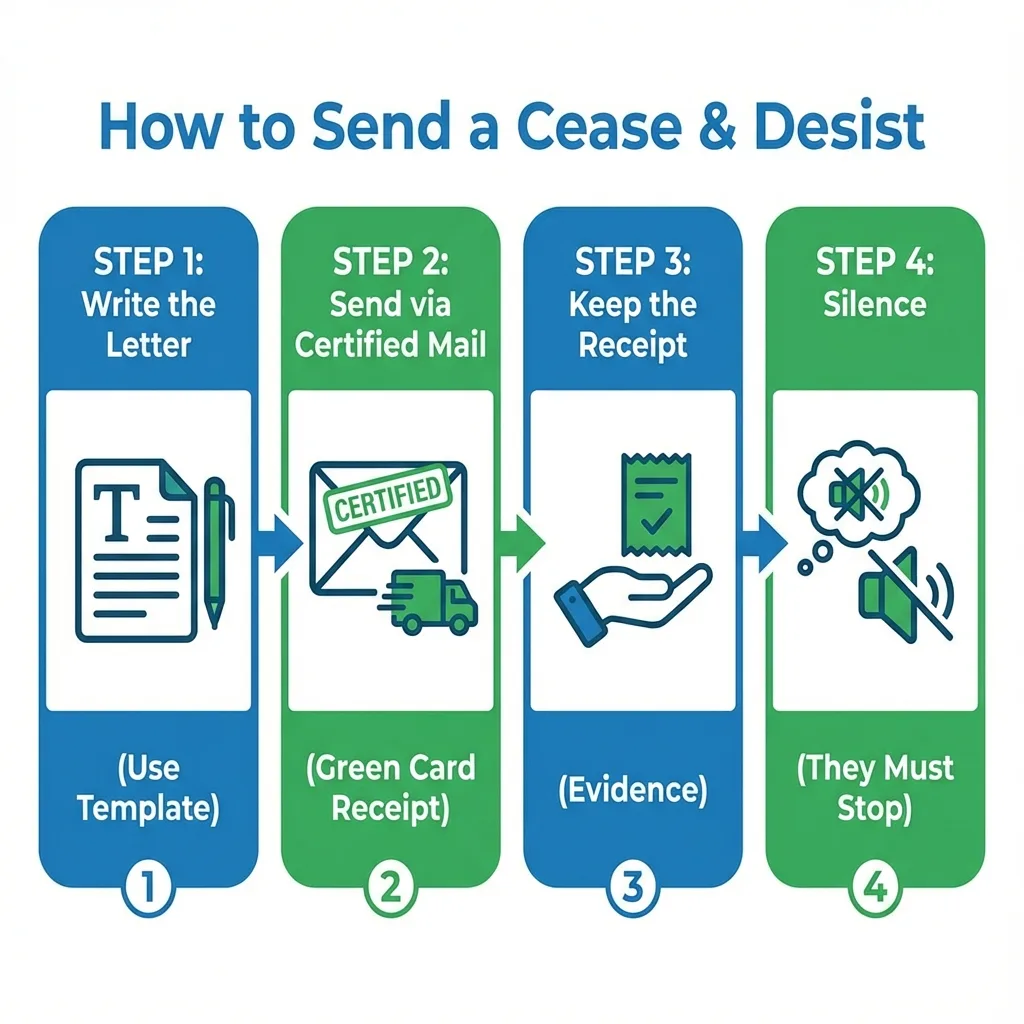 4 Step Infographic: Write Letter, Send Certified Mail, Keep Receipt, Silence
