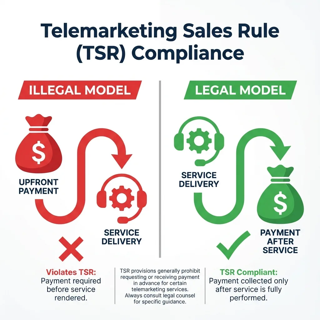 Infographic explaining legal vs illegal credit repair fee structures under the TSR