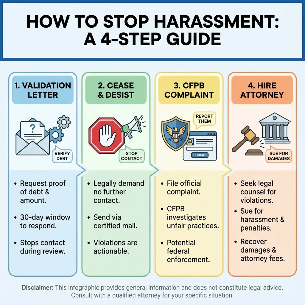 4 Step Infographic: Validation Letter, Cease & Desist, CFPB Complaint, Hire Attorney