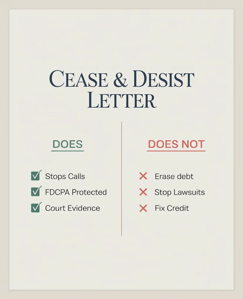 Infographic comparing what a cease and desist letter does versus does not do under the FDCPA