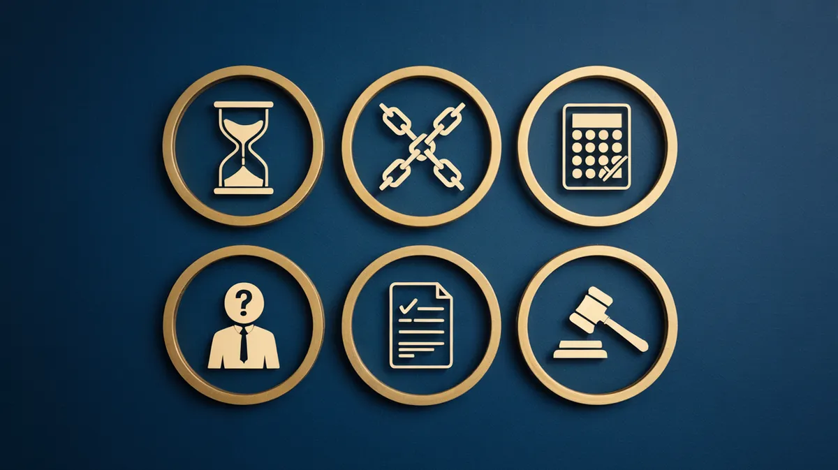 Six common legal defenses against debt collection lawsuits including expired statute of limitations, lack of standing, wrong amount, identity error, already paid, and FDCPA violations