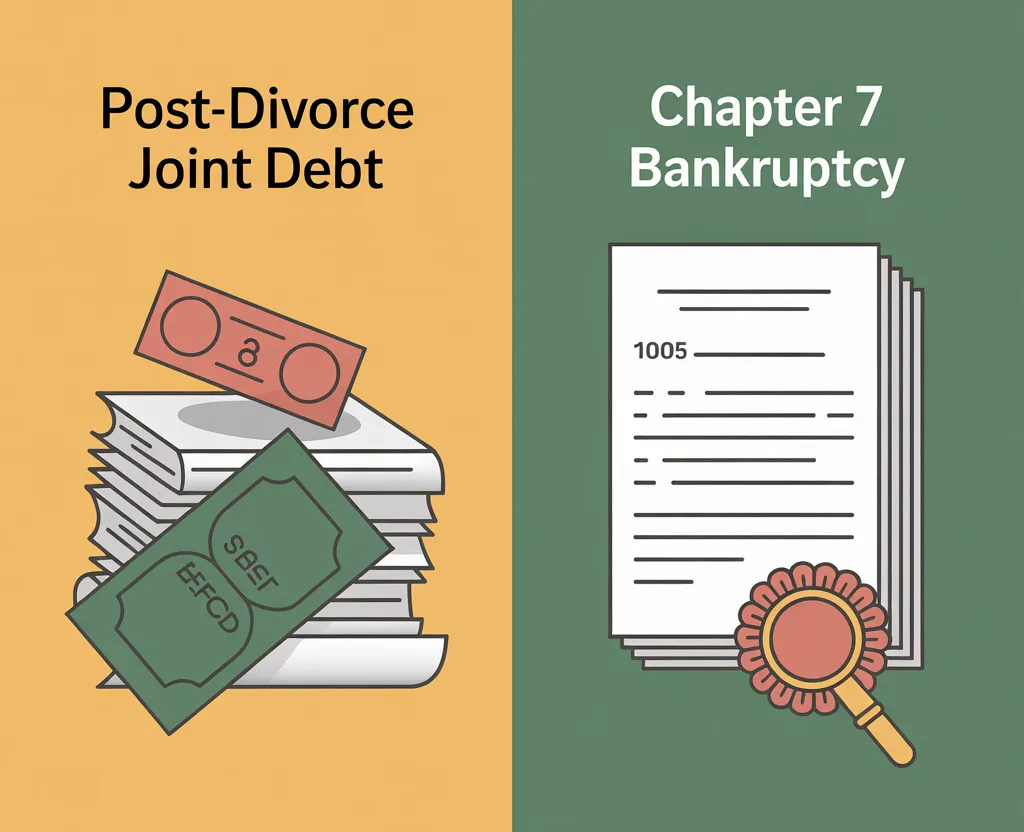 Comparison-style visual contrasting post-divorce debt problems with Chapter 7 bankruptcy relief options
