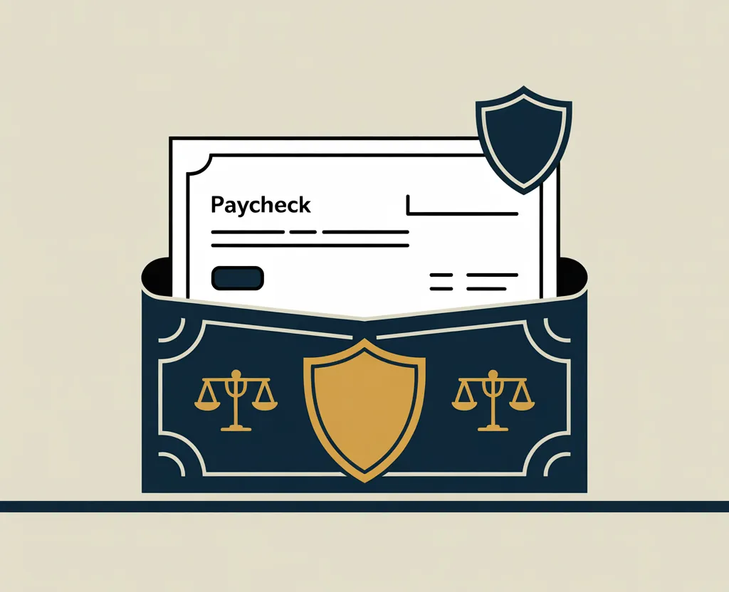 Legal explainer visual showing paycheck deductions and Illinois wage-protection concepts