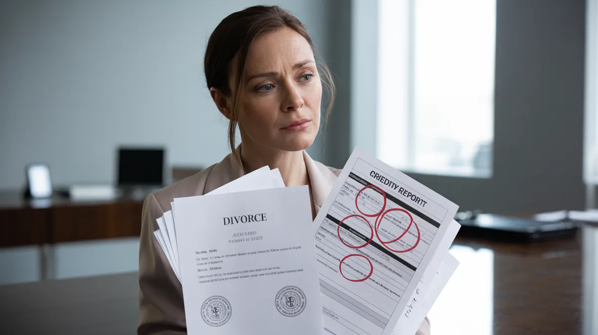 Credit report with negative marks highlighted next to divorce decree documents