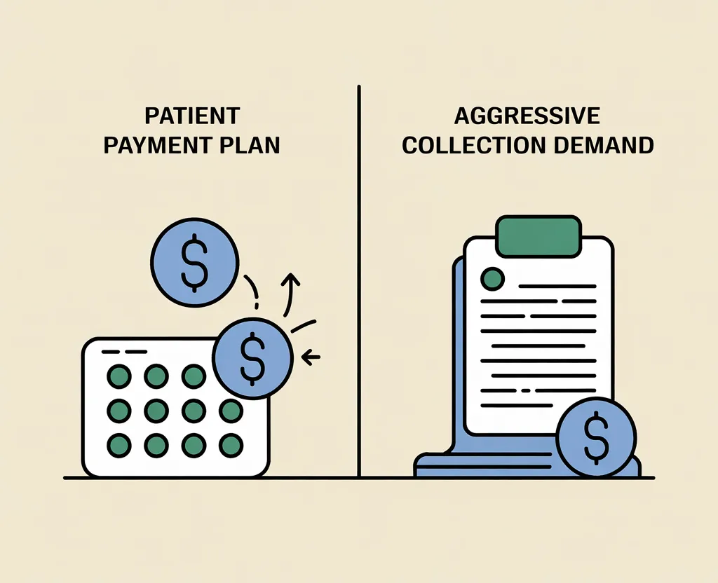 Comparison-style visual showing an active hospital payment plan on one side and a collection demand on the other