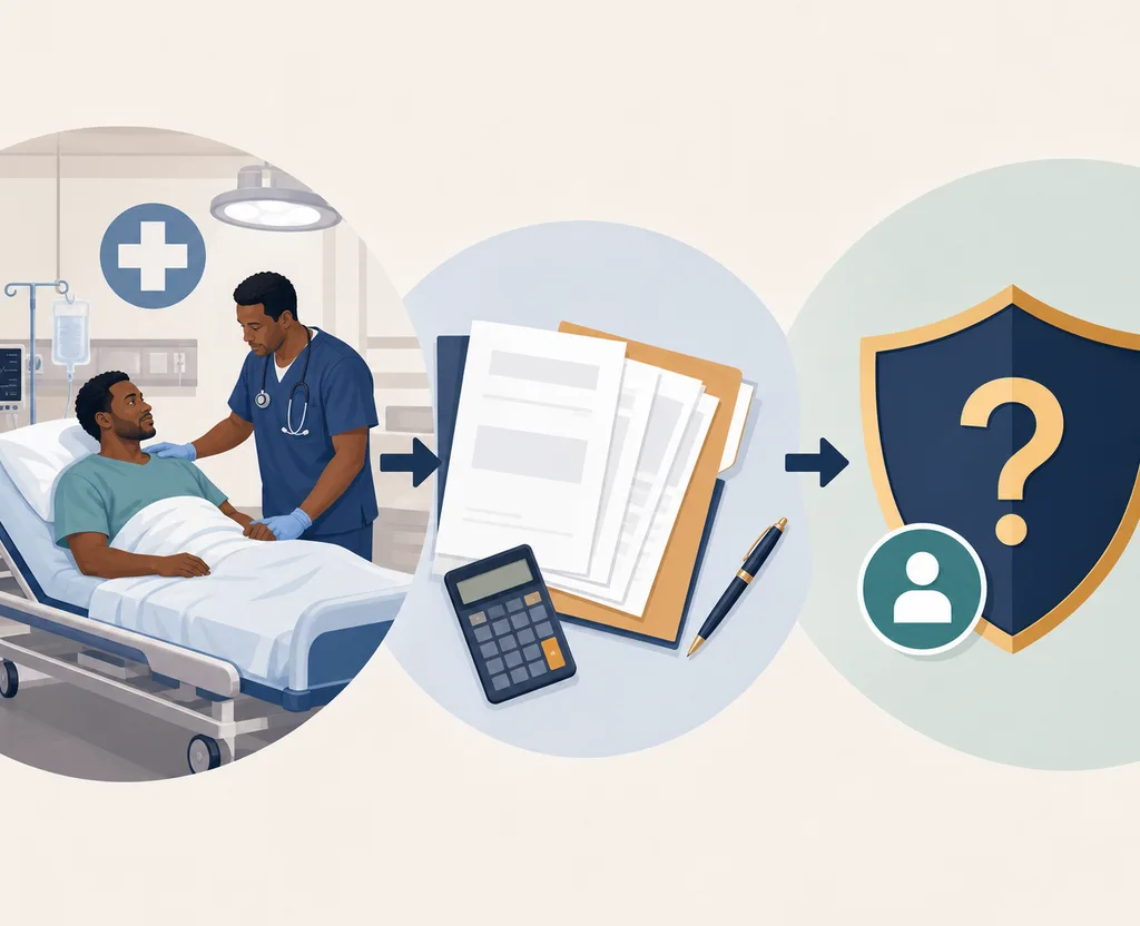 Text-free visual showing emergency care, medical billing paperwork, and disputed collection rights