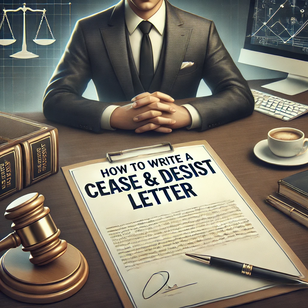 Featured image for an article about writing a cease and desist letter, showing a formal letter, pen, legal books, a professional workspace with a computer, and a coffee cup. The text 'How to Write a Cease and Desist Letter' is prominently displayed.