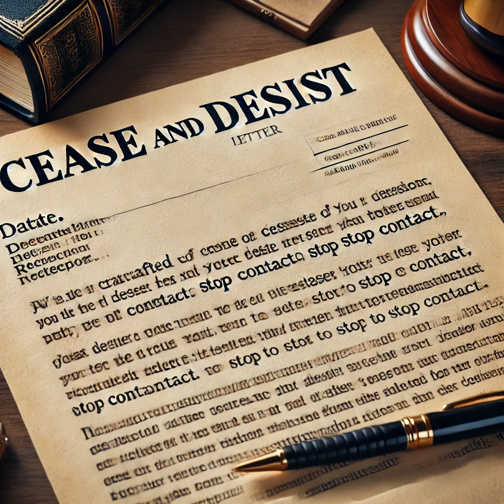 Close-up of a well-crafted cease and desist letter on a desk, including essential elements like the date, recipient's details, and a clear request to stop contact. The desk also features a pen, an envelope, and legal books.