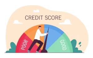 image representing a businessman pushing credit score speedometer from poor to good