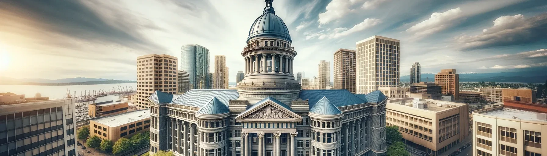 image representing a court house with the city lanscape behind