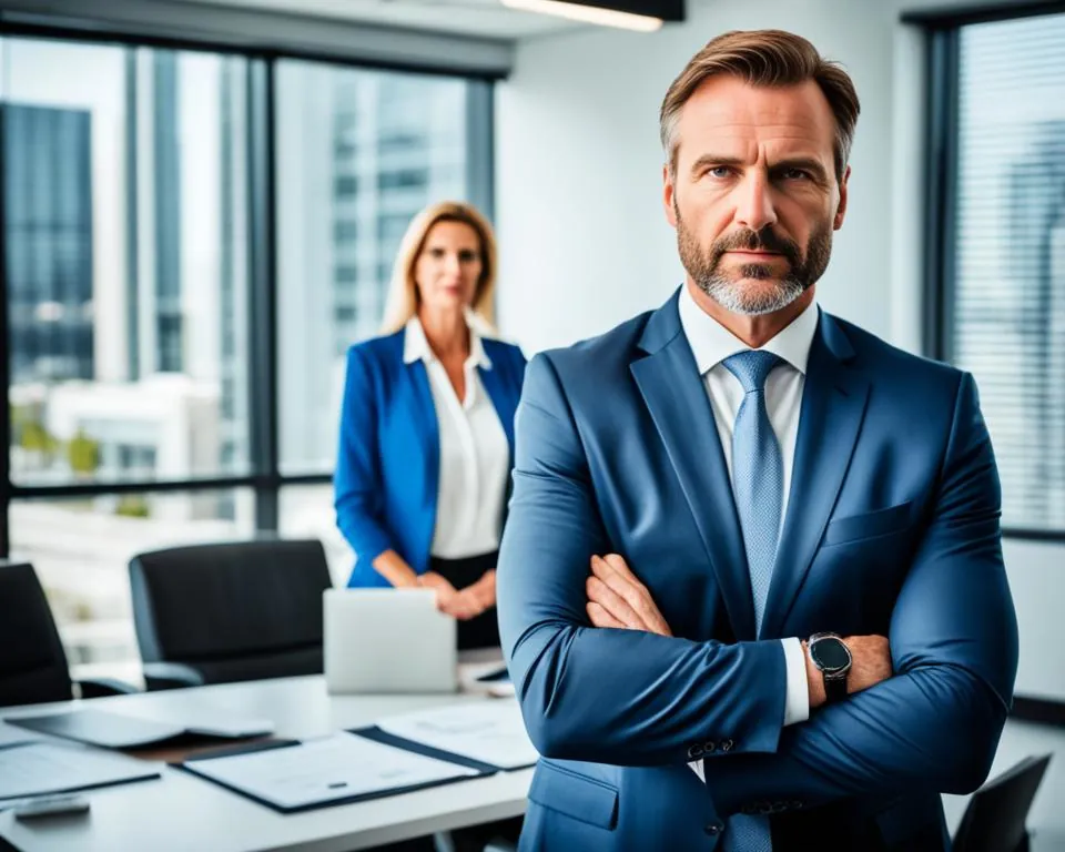 An image representing a determined credit repair scam lawyer, standing in front of an uneasy client. The lawyer exudes confidence and strength, while the client looks relieved to have found someone who can help them. The overall tone is professional and trustworthy, with a hint of fierceness and determination.
