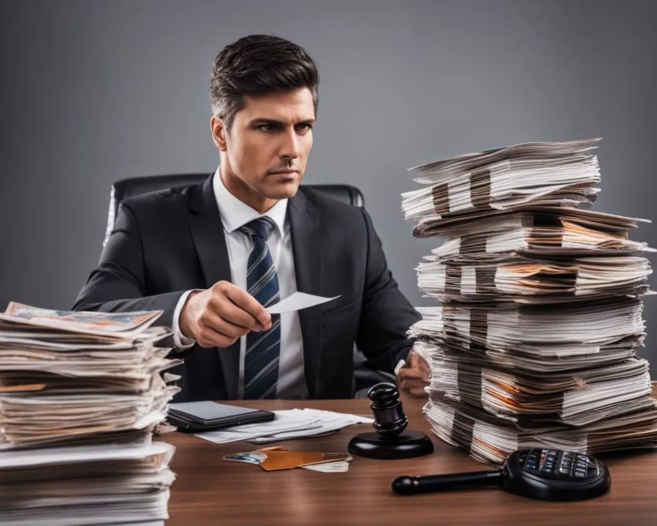 A serious-looking lawyer sitting at a desk with stacks of paperwork, wearing a suit and holding a gavel in their hand.  The lawyer looks determined and ready to take on any credit repair scam that may come their way.