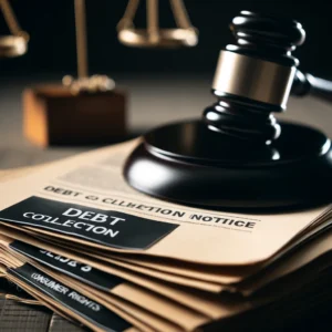 A close-up image of a gavel resting on a stack of legal documents labeled with keywords such as 'Debt Collection Notice,' 'Consumer Rights,' and 'Legal Action.' In the slightly out-of-focus background, there is a scale of justice symbolizing fairness and the legal process. The image conveys the seriousness of legal issues related to debt collection and consumer protection.