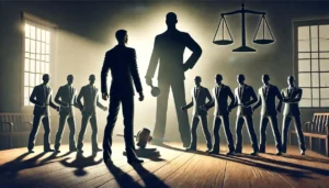 A tall and confident person stands proudly in a courtroom setting, facing a group of shadowy figures representing debt collectors. The person is bathed in light, symbolizing empowerment and taking control with the help of an FDCPA attorney, while the debt collectors are depicted in dark, shadowy forms.