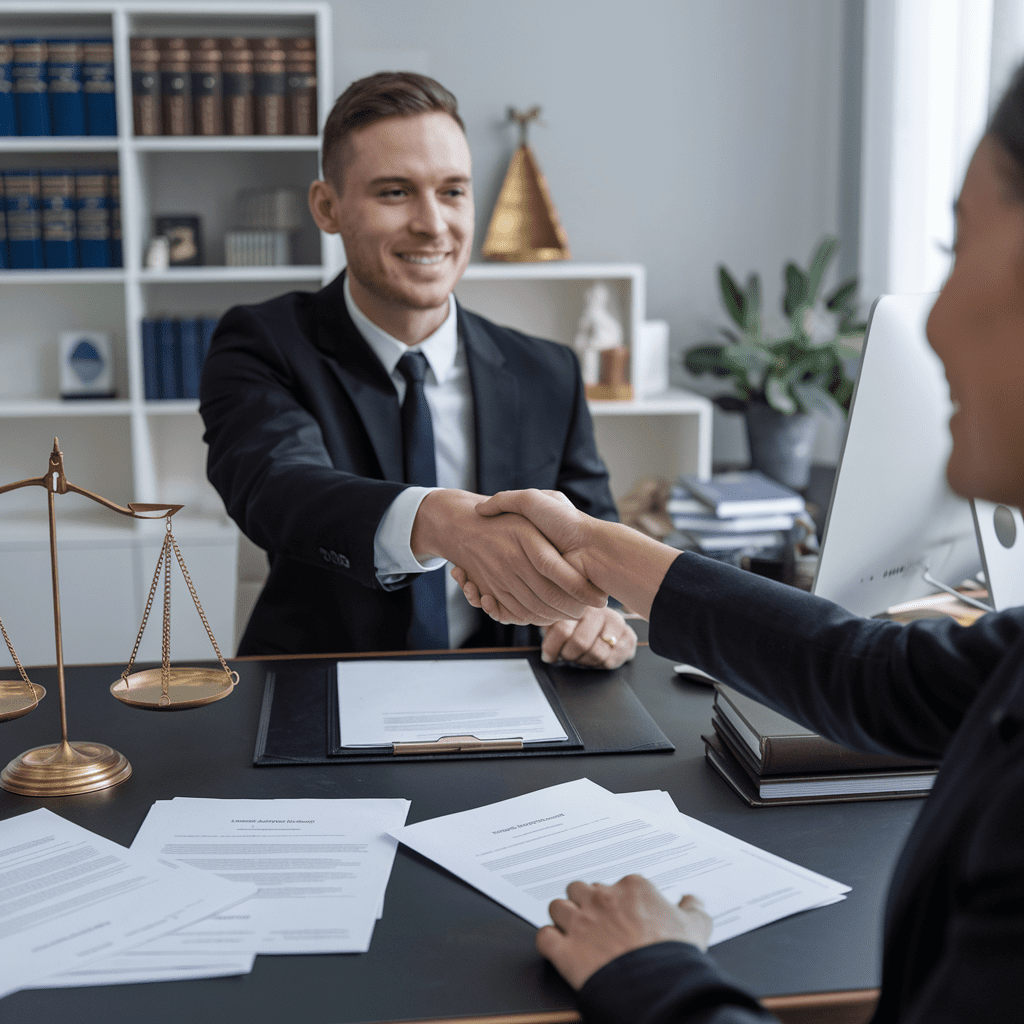 FDCPA lawyer shaking hands with relieved client over debt collection documents