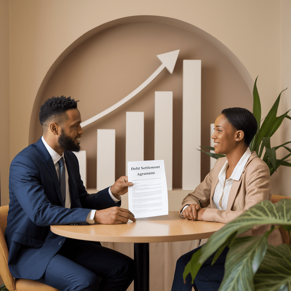 Debt settlement lawyer presenting agreement to hopeful client with rising financial graphs in background