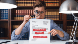 A person examining an attorney's letter with a magnifying glass, looking for FDCPA violations.