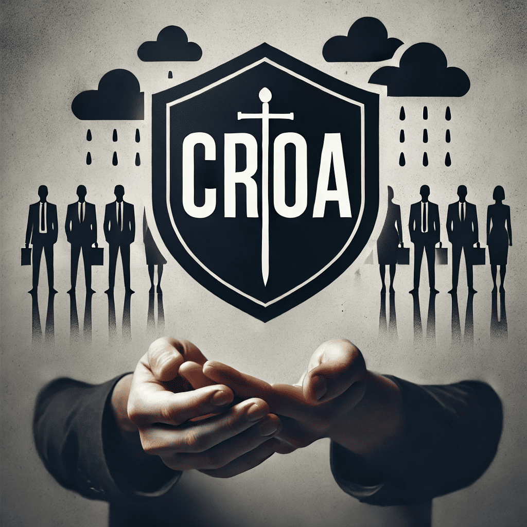 Illustration of the Credit Repair Organizations Act (CROA) as a shield protecting consumers from deceptive credit repair practices, with silhouetted business figures under dark clouds and an open hand symbolizing consumer support.