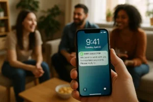 Debt collector text message on smartphone lock screen with friends in the background