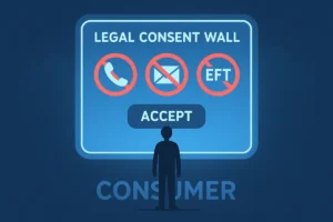 Illustration of consumer blocked by consent barrier on a debt dispute portal