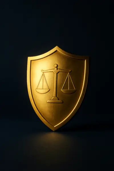 Golden shield with scales of justice symbolizing legal protection on dark blue background